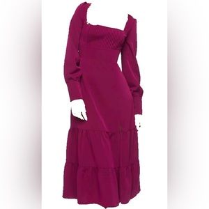 XXL Plum tiered long sleeve maxi dress with leg slit and pleated neckline
